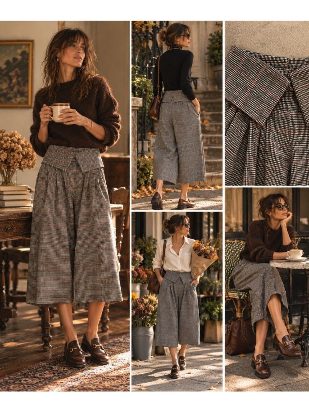 High-Waisted Wide-Leg Plaid Culottes With Pleated Front & Folded Waist Detail